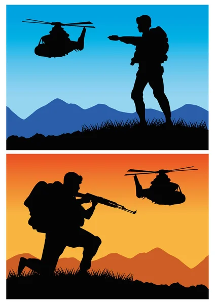 Military soldiers with guns and helicopters silhouettes — Stock Vector