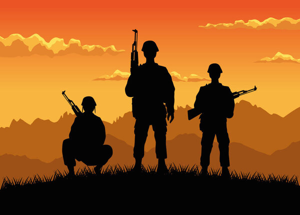 military soldiers with guns silhouettes figures sunset scene