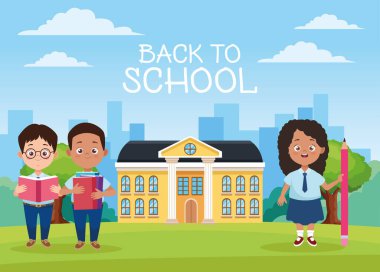 Okul karakterlerinde üniforma olan küçük öğrenci grubu.