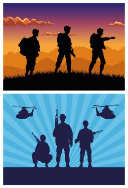 military soldiers with guns and helicopters silhouettes clipart