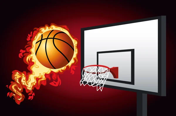 Affiche de sport de basket avec ballon sur le feu et panier — Image vectorielle