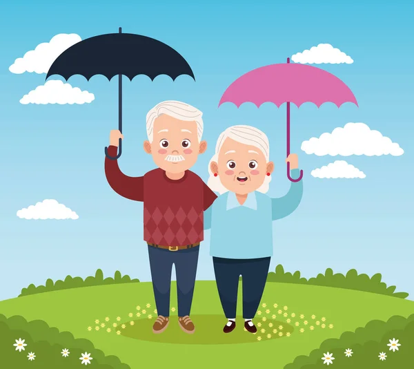 Милая счастливая пара бабушки и дедушки с зонтиками в лагере — стоковый вектор
