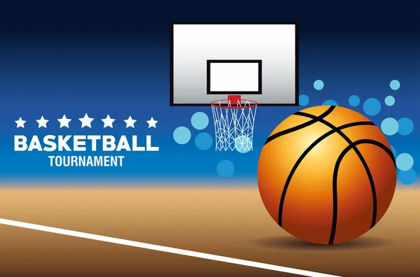 Affiche de sport de basket avec ballon et panier dans le court — Image vectorielle