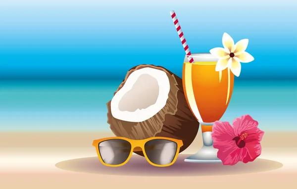 Witam wakacje w sezonie letnim z kokosem i koktajlem — Wektor stockowy