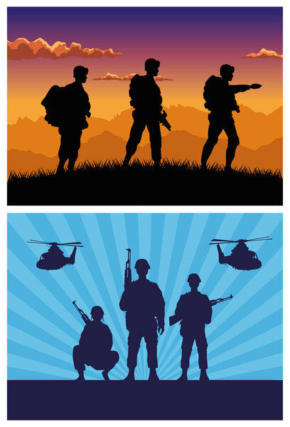 military soldiers with guns and helicopters silhouettes