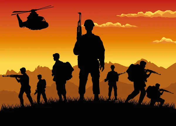 Military soldiers with guns and helicopter silhouettes sunset scene — Stock Vector