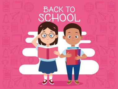 Üniformalı ve kitap karakterli küçük öğrenciler.