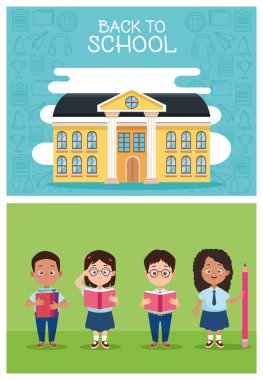 Üniformalı ve okul karakterli küçük öğrenci grubu.