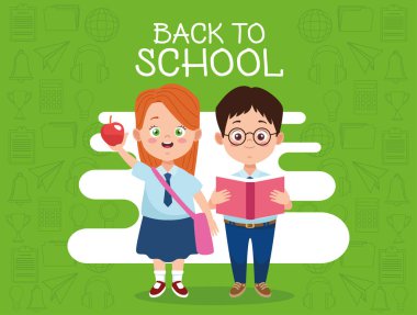 Üniformalı ve elma karakterli küçük öğrenciler.