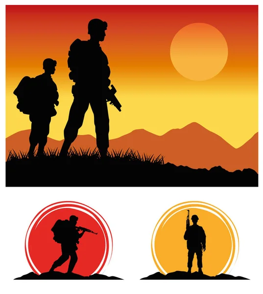 Militaire soldaten met geweren silhouetten figuren zonsondergang scène — Stockvector