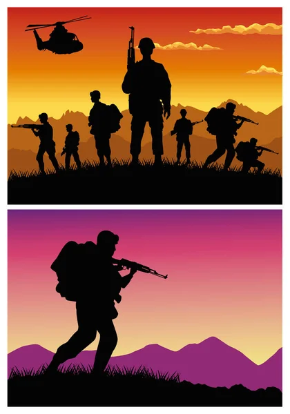 Soldats militaires avec des armes et des hélicoptères silhouettes — Image vectorielle