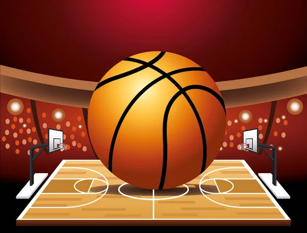 Manifesto sportivo di pallacanestro con palloncino in tribunale — Vettoriale Stock
