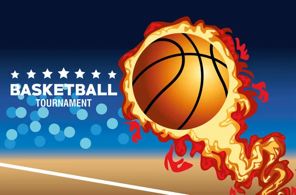 Póster deportivo de baloncesto con globo en llamas — Vector de stock