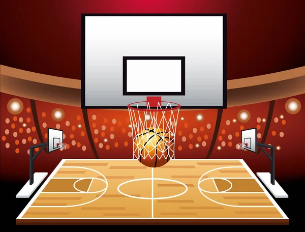 Plakat sportowy koszykówki z balonem i koszykiem w sądzie — Wektor stockowy