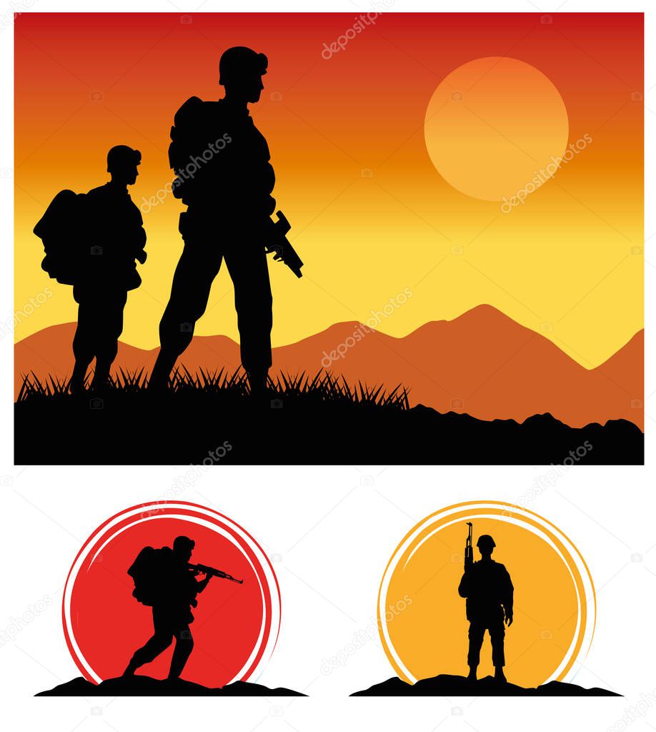 military soldiers with guns silhouettes figures sunset scene