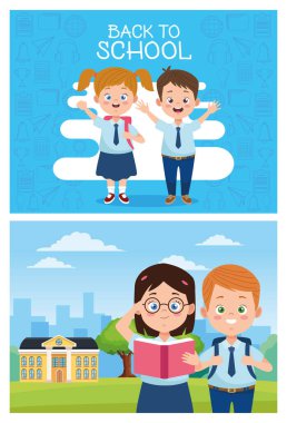 Okul karakterlerinde üniforma olan küçük öğrenci grubu.