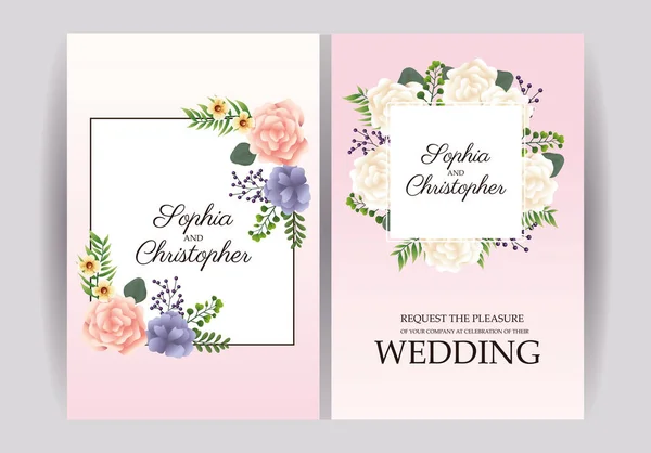 Convite de casamento com quadrados molduras florais —  Vetores de Stock