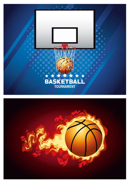 Cartaz de basquete esporte com balão no fogo e cesta — Vetor de Stock