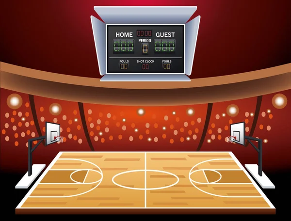 Póster deportivo de baloncesto con cancha y marcador — Vector de stock