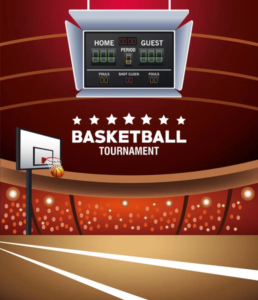 Basketball-Sportplakat mit Luftballon und Anzeigetafel vor Gericht — Stockvektor