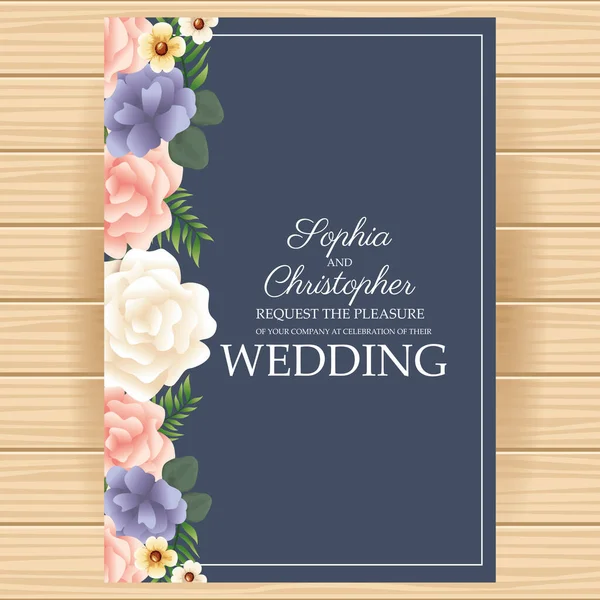Svatební Pozvánka se čtvercovým květinovým rámečkem a dřevěným pozadím — Stockový vektor
