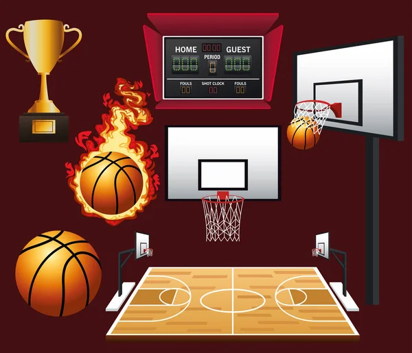 Póster deportivo de baloncesto con globo en fuego y cesta — Vector de stock