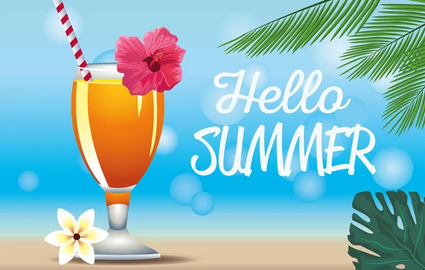 Ciao vacanza di stagione estiva con tazza di cocktail tropicale — Vettoriale Stock