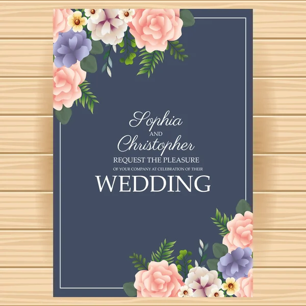 Invito di nozze con cornice floreale quadrata e sfondo in legno — Vettoriale Stock