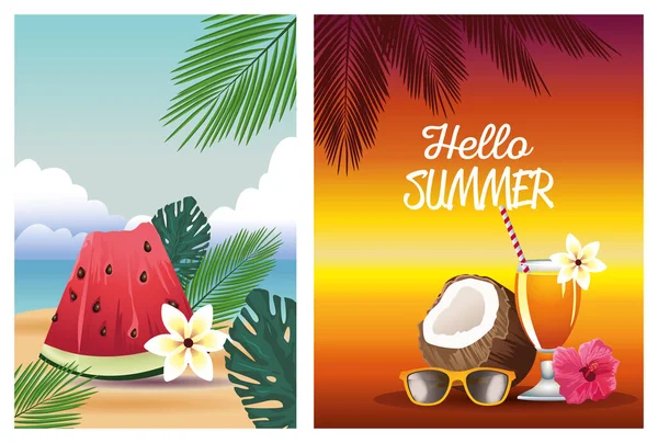 Olá férias temporada de verão com coco e melancia —  Vetores de Stock