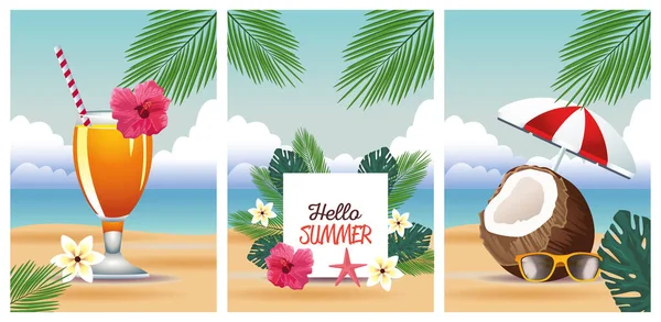 Olá férias temporada de verão com cenas definidas —  Vetores de Stock