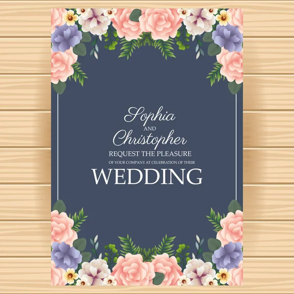 Convite de casamento com quadro floral quadrado e fundo de madeira —  Vetores de Stock
