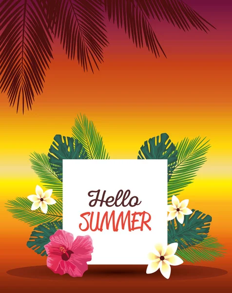 Olá férias temporada de verão com letras e flores —  Vetores de Stock