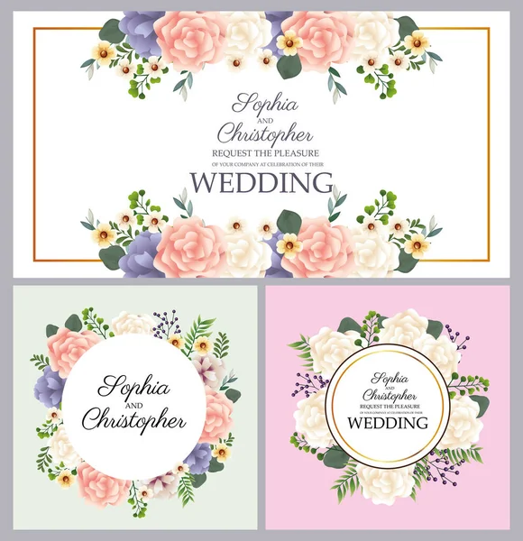 Convite de casamento com circulares florais molduras —  Vetores de Stock