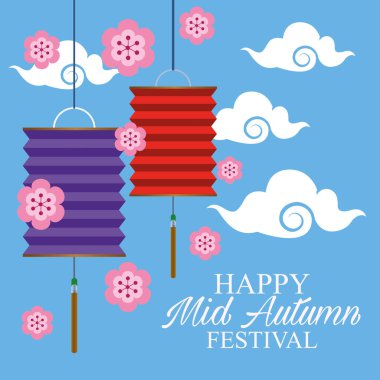 Mutlu sonbahar festivali kartları ve asılı fenerler