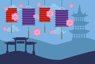 Mutlu sonbahar festivali kartları ve asılı fenerler