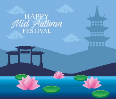 Çin şatosuyla mutlu sonbahar festivali kartları
