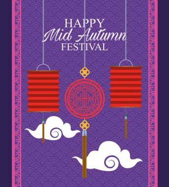 Mutlu sonbahar festivali kartları ve asılı fenerler