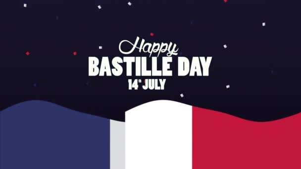 Feliz celebración del día de la bastilla con letras y bandera — Vídeo de stock