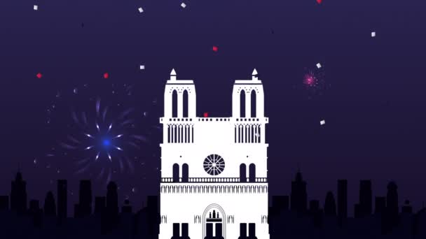 Feliz celebración del día de la Bastilla con la Catedral de Notre Dame — Vídeo de stock