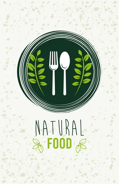 Prémium és egészséges étel plakát levelekkel koszorú és evőeszközök — Stock Vector