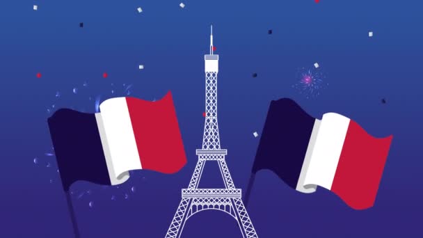 タワー・エッフェル・シーンとの幸せなバスティーユの日のお祝い — ストック動画