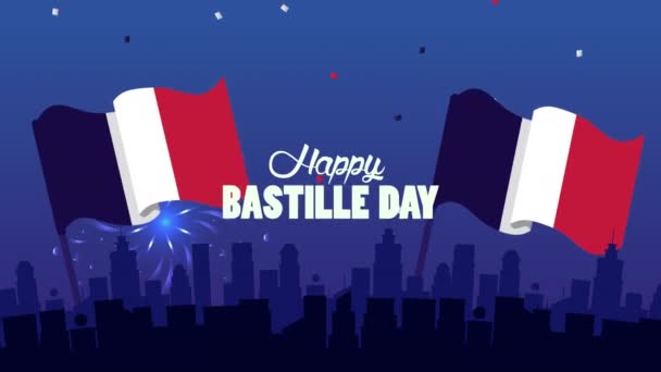 Happy bastille day celebration with france flag and fireworks — Stock Video