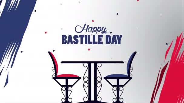 Χαρούμενη γιορτή της Βαστίλης με τη σημαία της Γαλλίας και τραπέζι εστιατορίου — Αρχείο Βίντεο