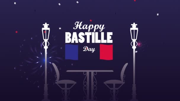 フランスの旗とレストランのテーブルで幸せなバスティーユの日のお祝い — ストック動画