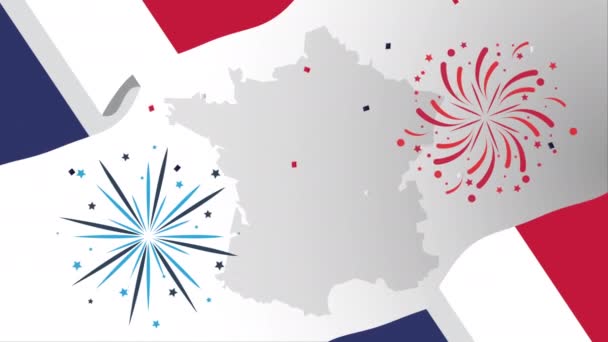 Felice festa del giorno della Bastiglia con bandiera francese e mappa — Video Stock