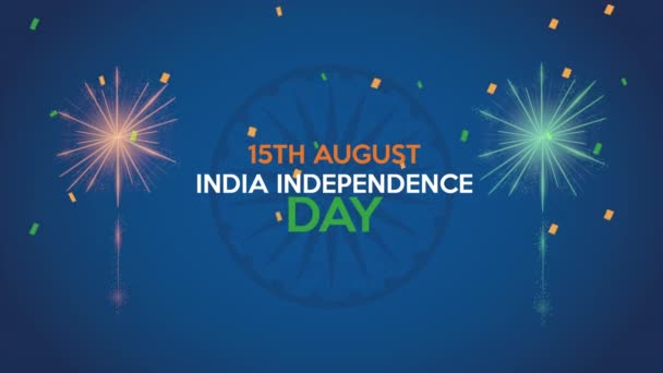 День независимости Индии с надписью и фейерверком — стоковое видео