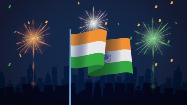 Fête de l'indépendance de l'Inde avec drapeau et feux d'artifice — Video