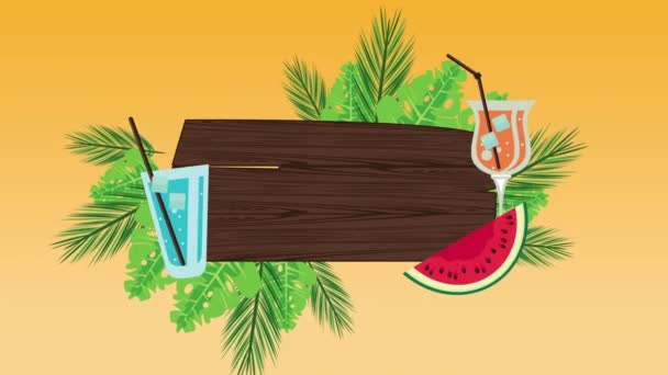 Letní prázdninová sezóna s dřevěným štítkem a tropickými nápoji — Stock video