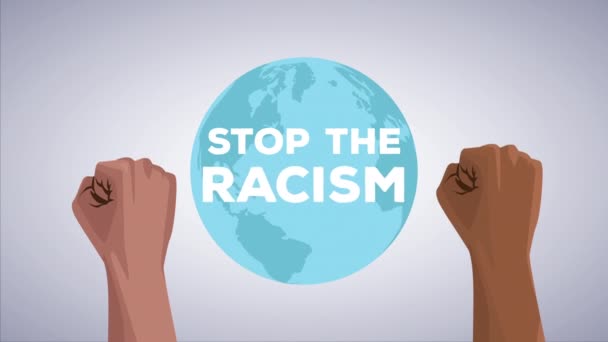 Stoppa rasismen kampanjen med händerna mänskliga upp och jorden planeten — Stockvideo