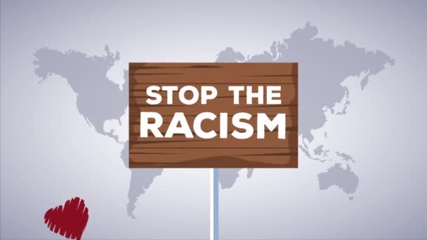 Detener la campaña racista con la etiqueta de madera en los mapas de tierra — Vídeo de stock